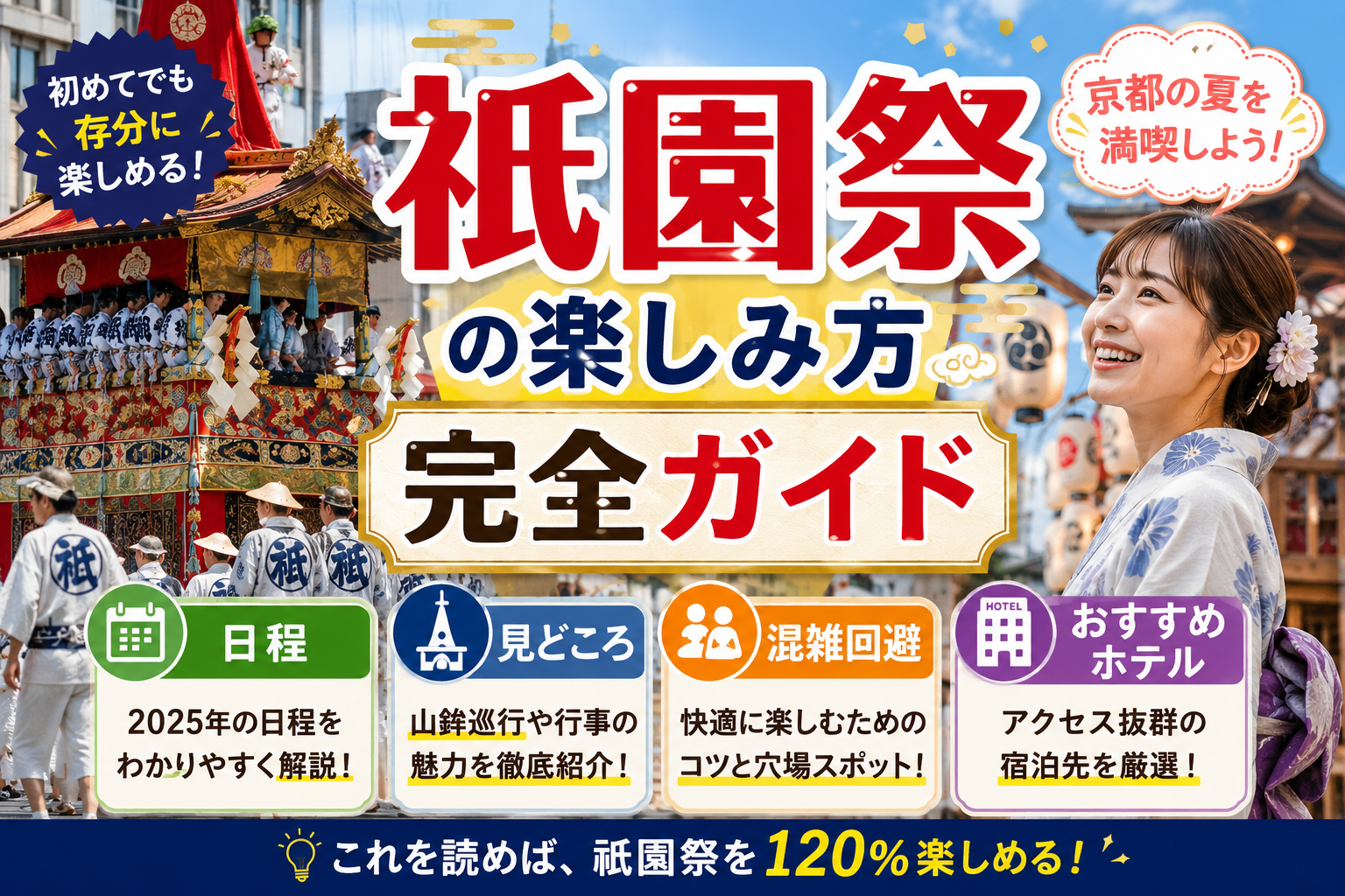 祇園祭の楽しみ方完全ガイドを紹介するアイキャッチ画像。山鉾巡行や京都の夏祭りの雰囲気、日程、見どころ、混雑回避、おすすめホテル情報を初心者にもわかりやすく伝えるデザイン。