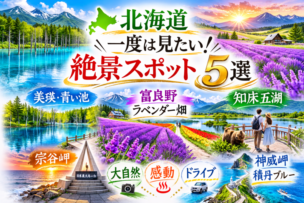 北海道の絶景スポット5選（青い池・富良野・知床など）を紹介する記事のアイキャッチ画像
