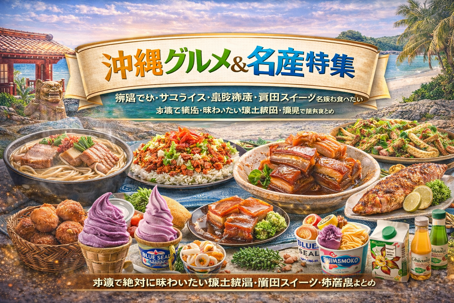 沖縄グルメ＆名産特集｜沖縄そば・ゴーヤチャンプルー・タコライス・紅芋スイーツのイメージ