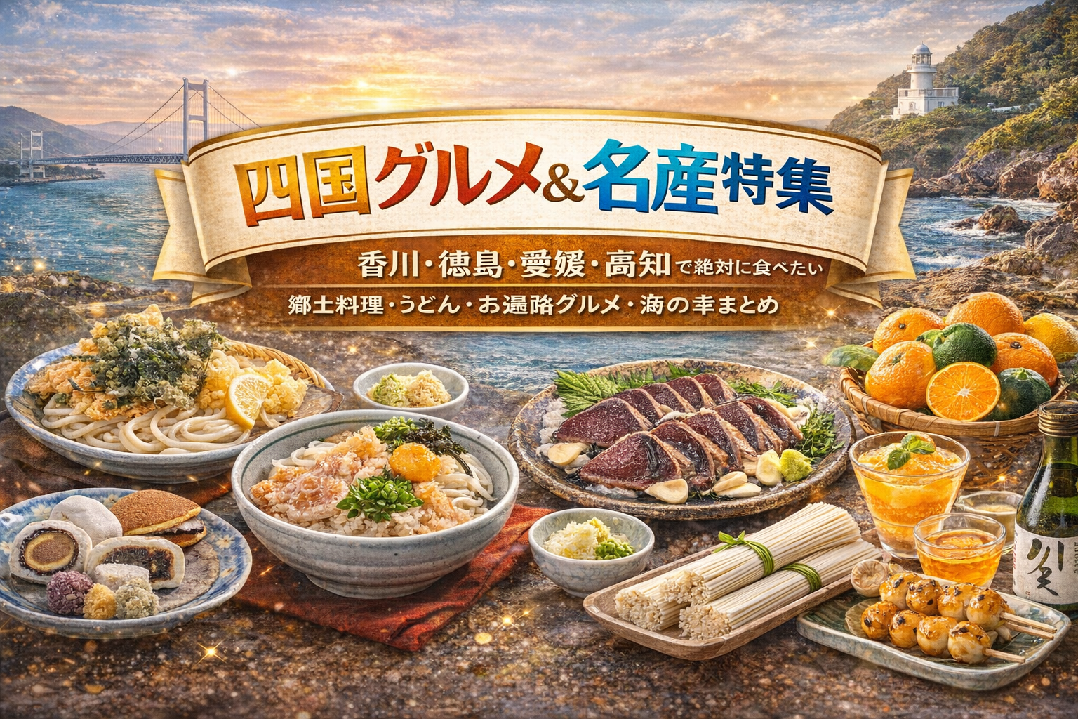 四国グルメ＆名産特集｜讃岐うどん・カツオのたたき・柑橘スイーツのイメージ