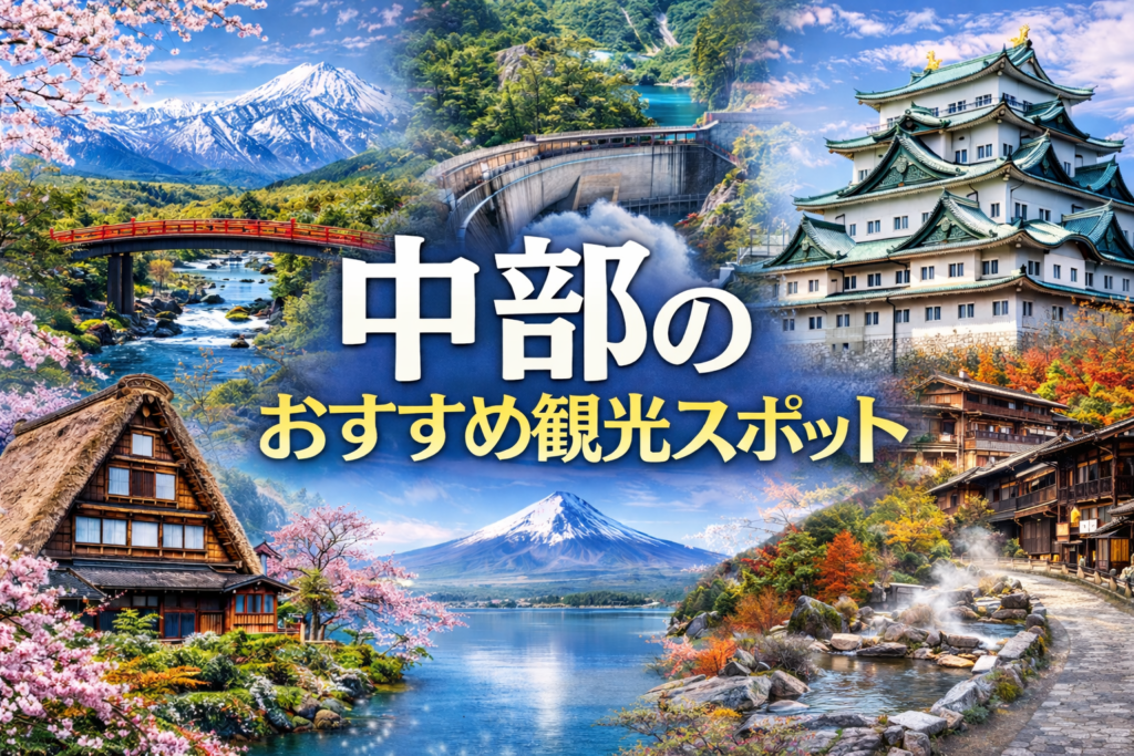 中部のおすすめ観光スポットアイキャッチ（白川郷・黒部ダム・名古屋城・富士山など中部地方を代表する観光風景）