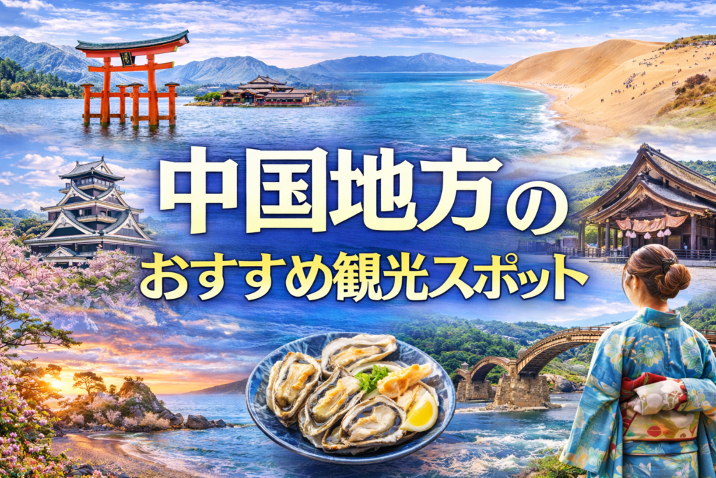 中国地方のおすすめ観光スポットアイキャッチ（厳島神社の大鳥居・鳥取砂丘・岡山城・錦帯橋など中国地方の代表的観光風景）