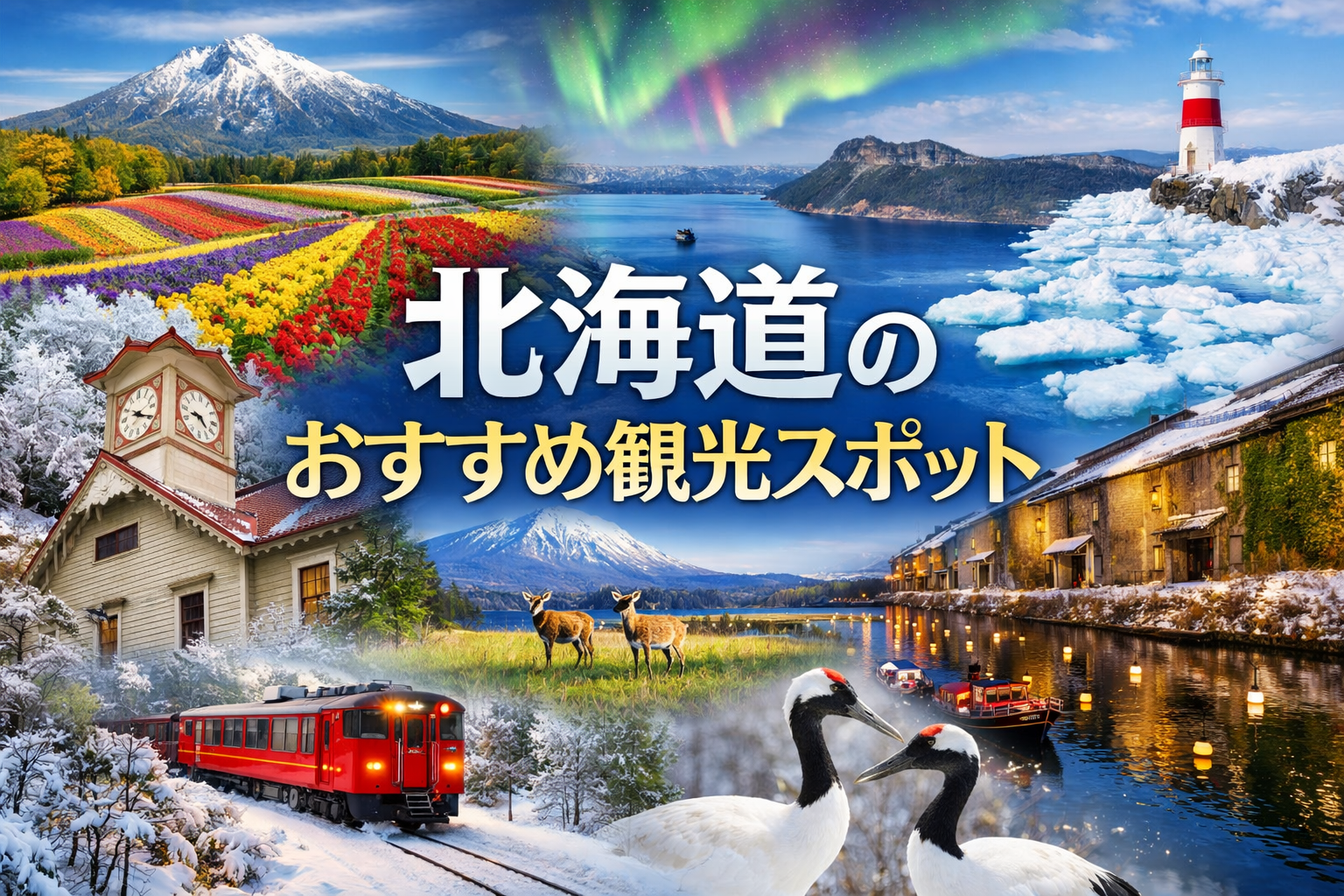 北海道のおすすめ観光スポットをまとめた観光ガイドアイキャッチ（小樽運河・花畑・雪景色・灯台など北海道の代表的景観）