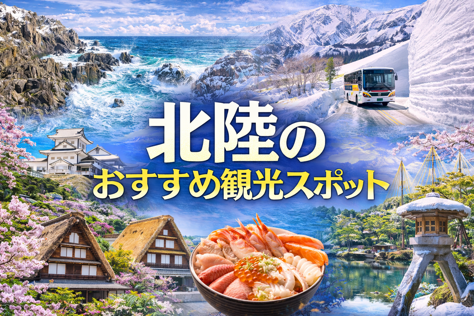 北陸のおすすめ観光スポットアイキャッチ（白川郷の合掌造り・東尋坊の断崖・雪の立山黒部アルペンルート・兼六園など北陸の代表的風景