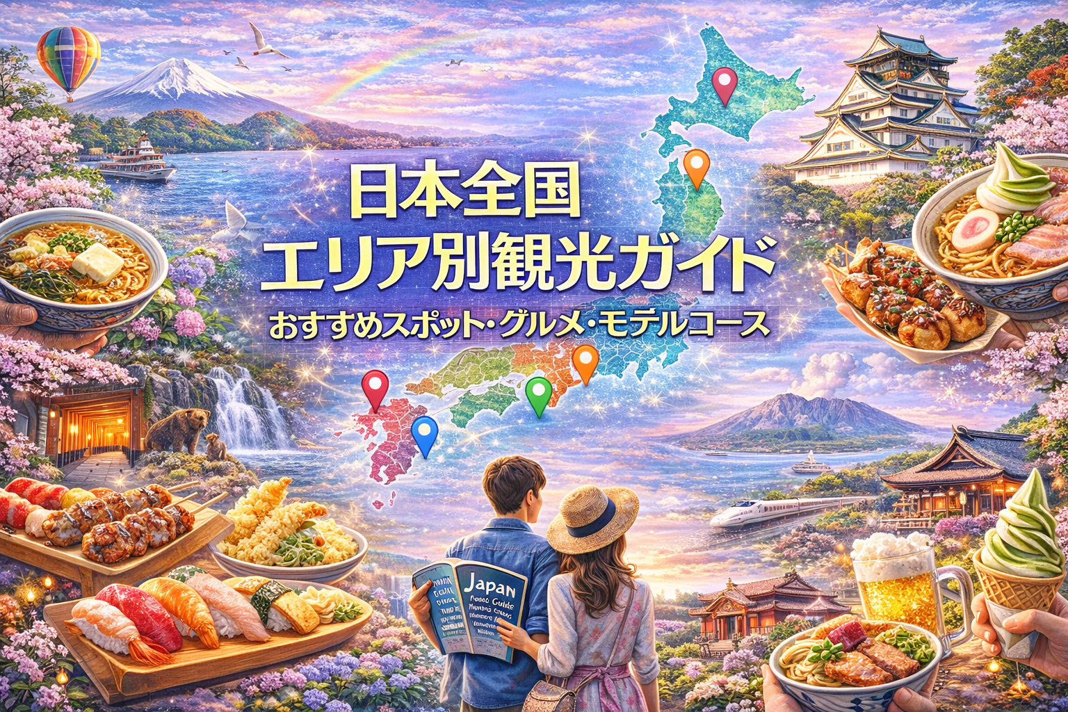 日本全国エリア別観光ガイドのアイキャッチ画像（日本地図と観光地・グルメを紹介する旅行ガイドイメージ）