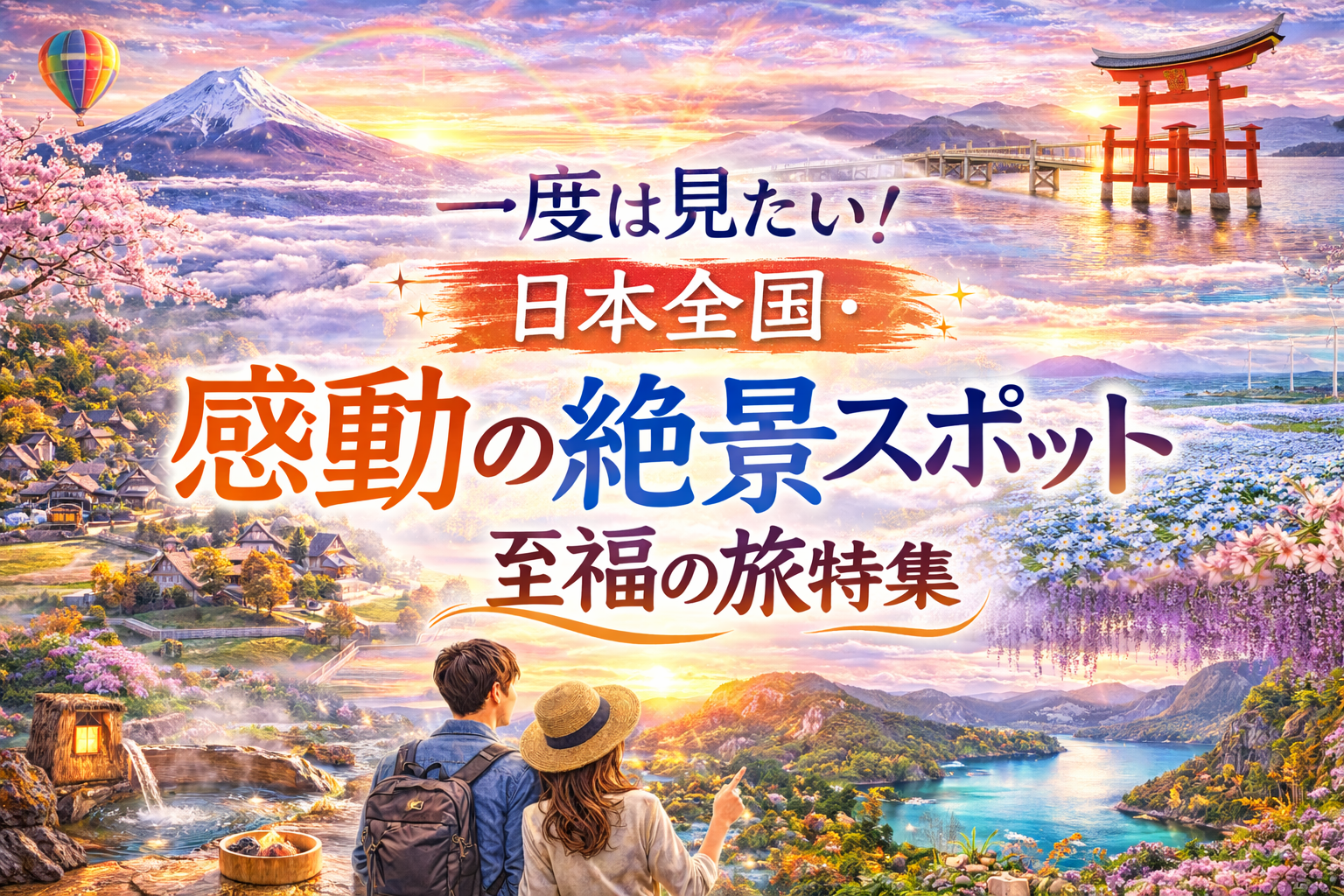 日本全国の感動の絶景スポット特集のアイキャッチ画像（富士山・花畑・海岸・鳥居など日本の美しい絶景）
