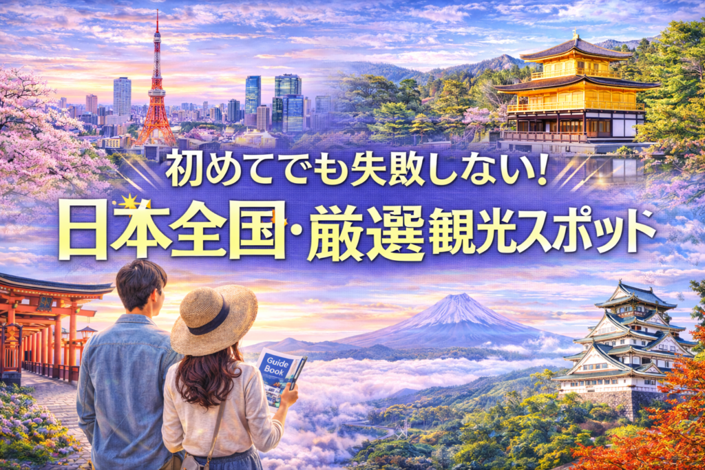 日本全国の厳選観光スポットガイドのアイキャッチ画像（富士山・東京タワー・金閣寺・大阪城など日本の代表的観光地）