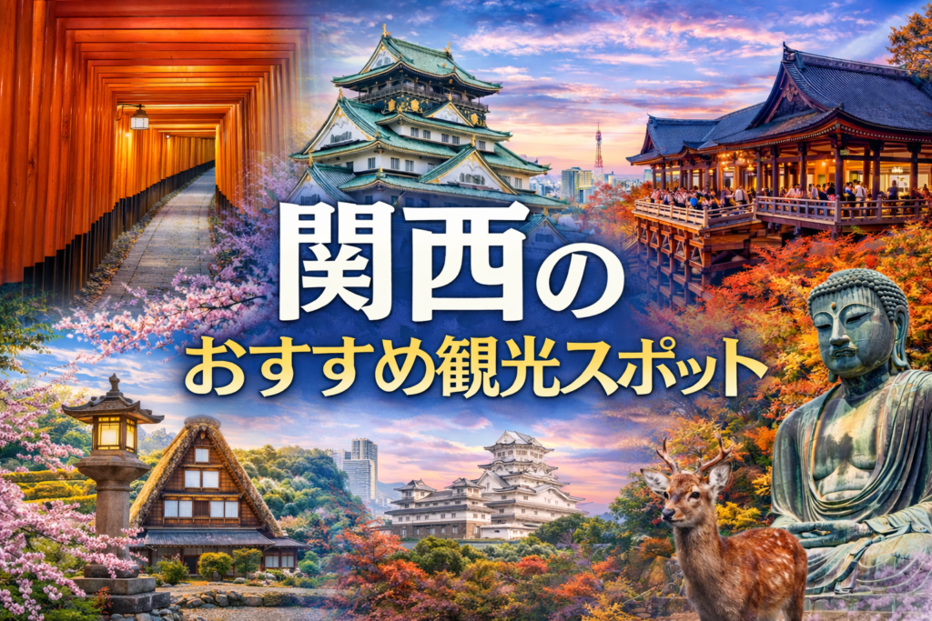 関西のおすすめ観光スポットアイキャッチ（伏見稲荷大社の千本鳥居・大阪城・清水寺・姫路城・奈良の大仏など関西の代表的観光地）