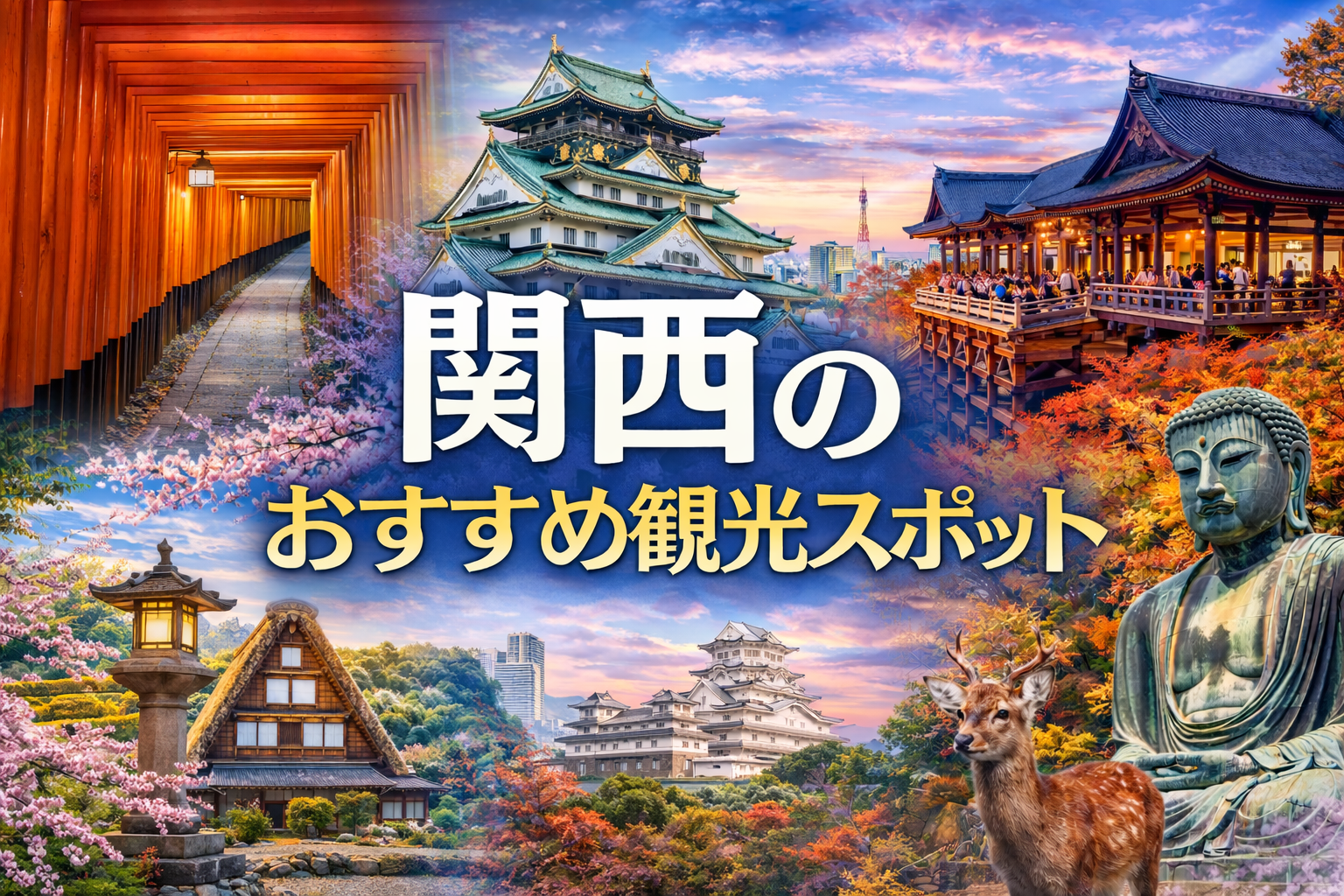 関西のおすすめ観光スポットアイキャッチ（伏見稲荷大社の千本鳥居・大阪城・清水寺・姫路城・奈良の大仏など関西の代表的観光地）