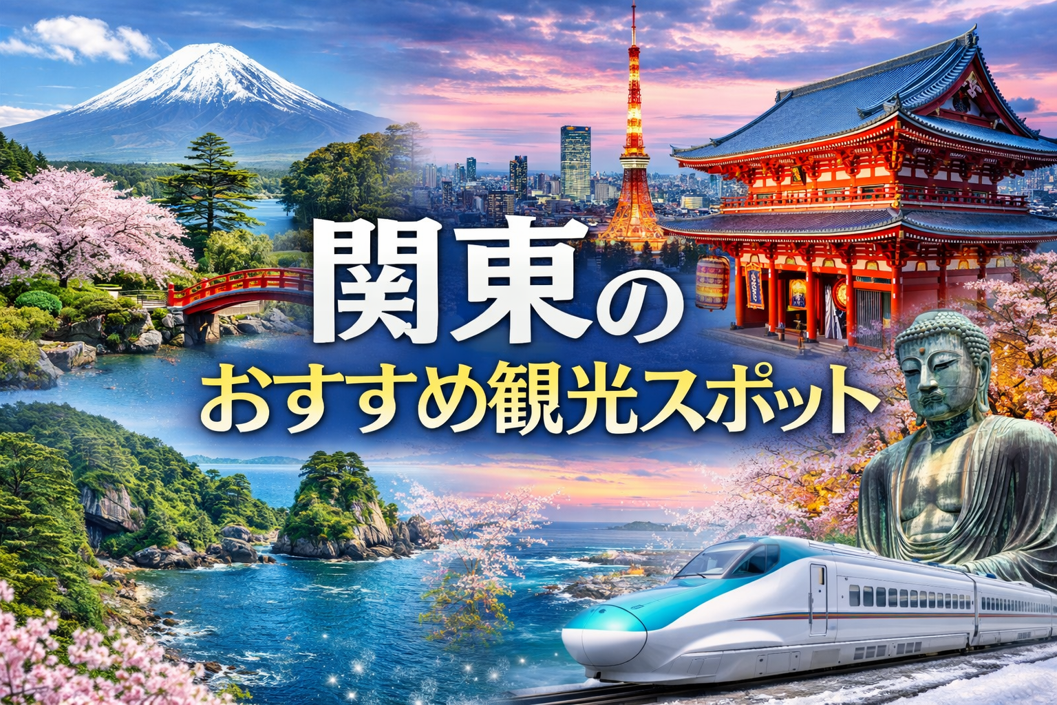 関東のおすすめ観光スポットアイキャッチ（富士山・東京タワー・浅草寺・鎌倉大仏など関東を代表する