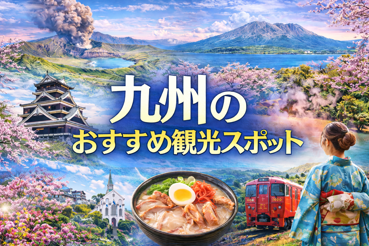 九州のおすすめ観光スポットアイキャッチ（阿蘇山・桜島・熊本城・別府温泉・ハウステンボスなど九州の代表的観光風景）