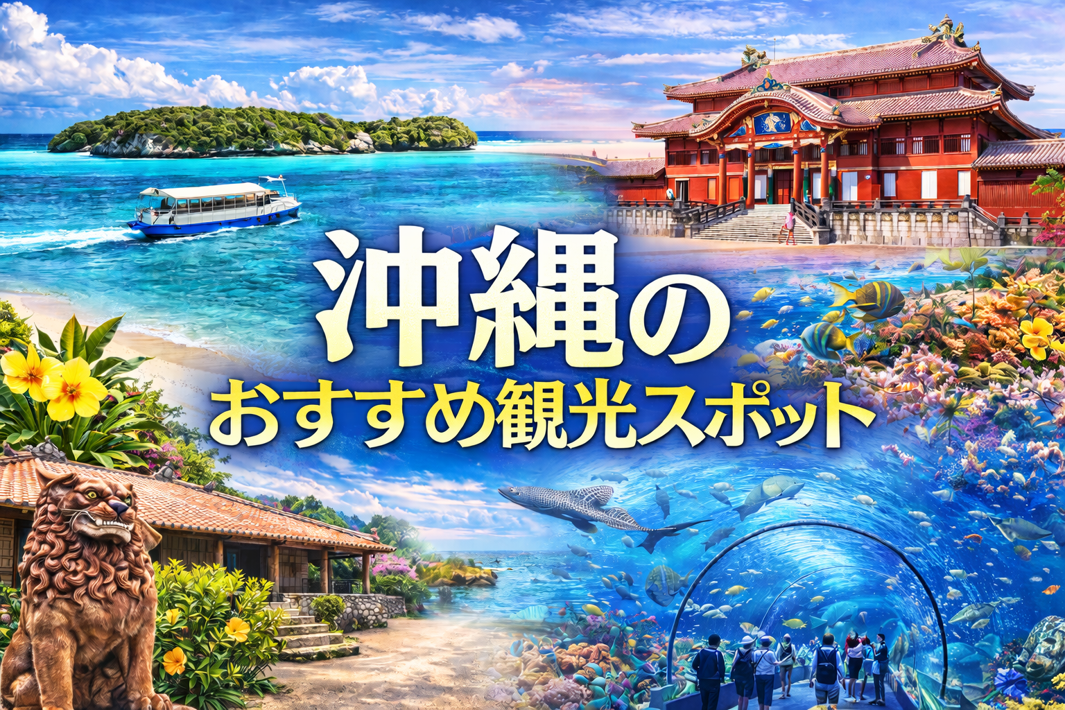 沖縄のおすすめ観光スポットアイキャッチ（首里城・沖縄の海・美ら海水族館・古民家とシーサーなど沖縄らしい観光風景）