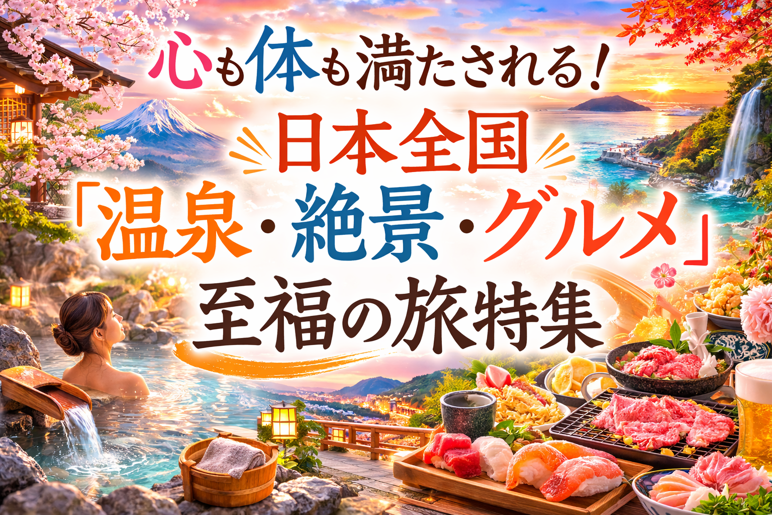日本全国の温泉・絶景・グルメを楽しむ至福の旅特集のアイキャッチ画像（温泉風景と絶景、豪華グルメをイメージ）
