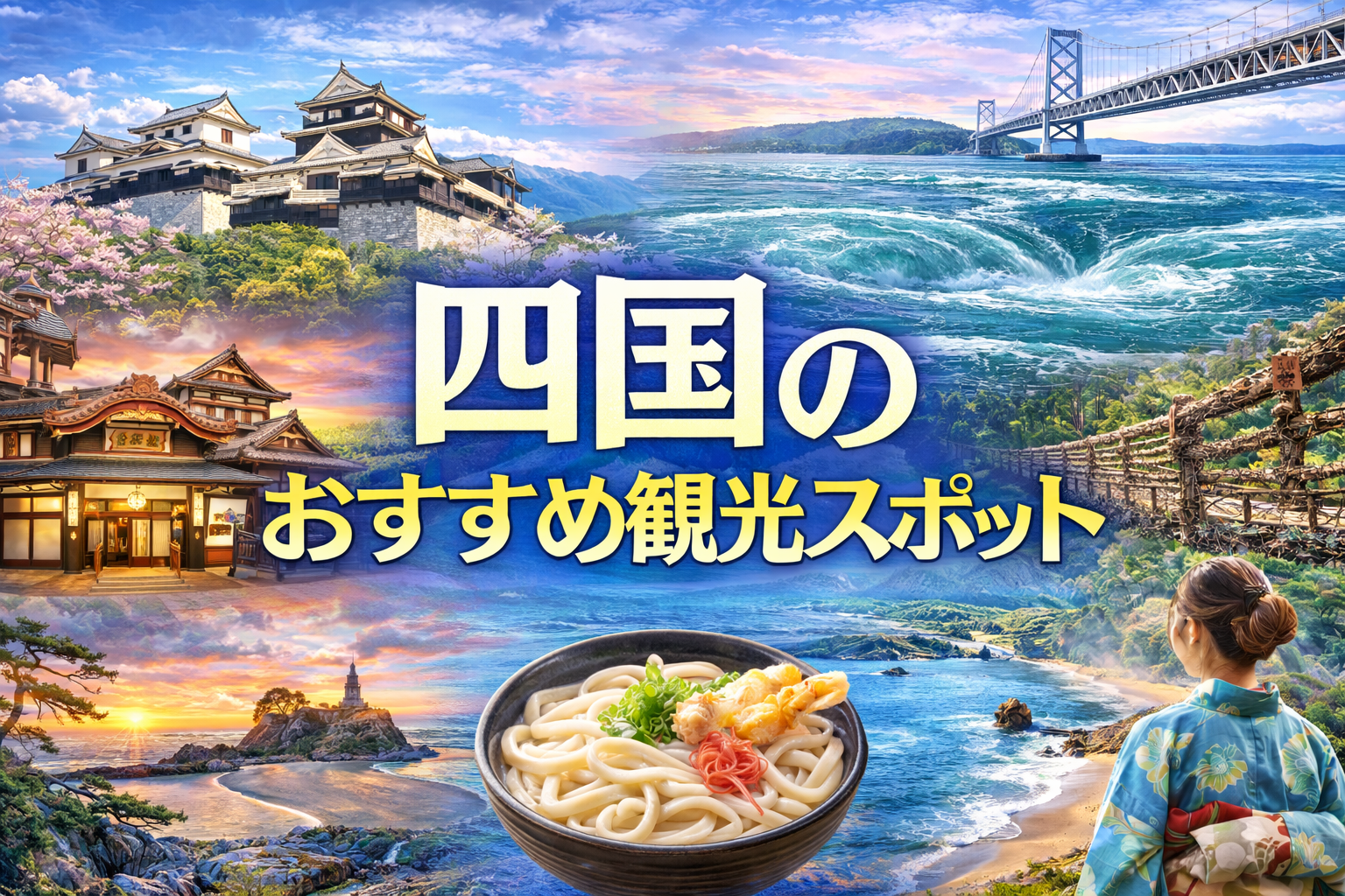 四国のおすすめ観光スポットアイキャッチ（松山城・鳴門の渦潮・道後温泉・祖谷のかずら橋・四国の海岸風景）