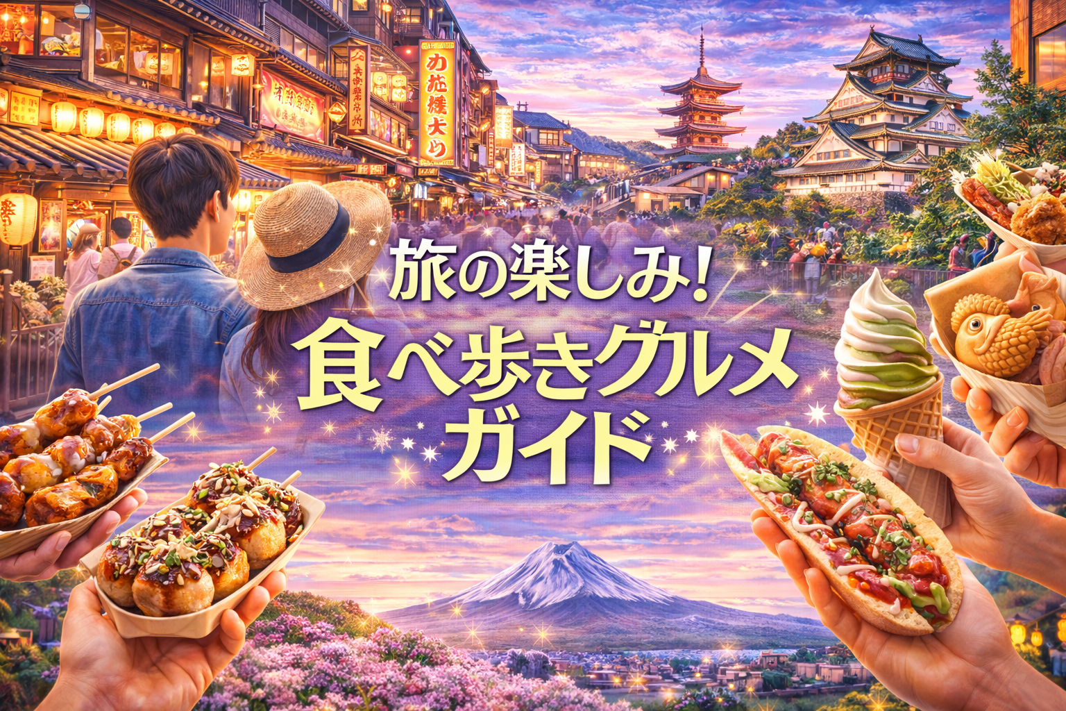 旅の楽しみ食べ歩きグルメガイドのアイキャッチ画像（屋台グルメや食べ歩き料理を楽しむ旅行シーン）
