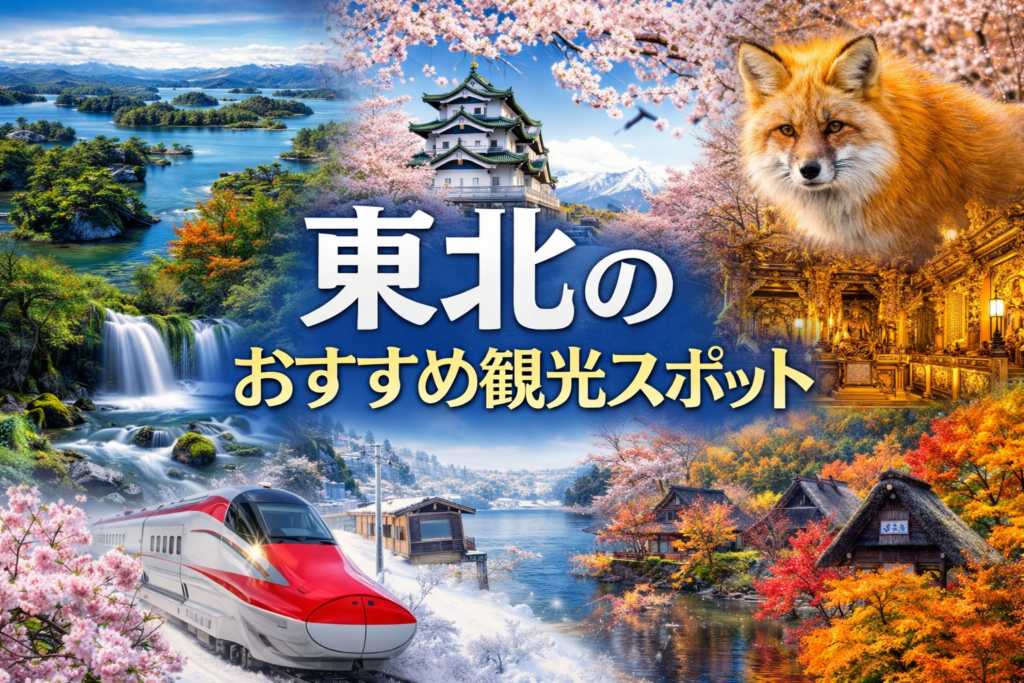 東北のおすすめ観光スポットアイキャッチ（松島の絶景・奥入瀬渓流・東北の城・新幹線など東北を代表する観光風景）