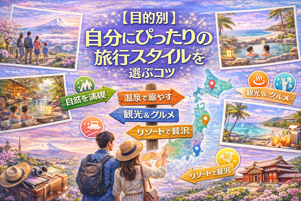 目的別に自分にぴったりの旅行スタイルを選ぶコツのアイキャッチ画像（自然・温泉・観光・リゾートなど旅行スタイルのイメージ）