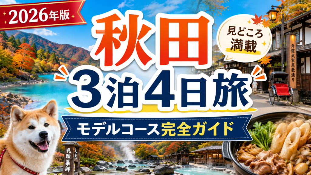 秋田観光3泊4日モデルコースを紹介する紅葉と温泉の旅行アイキャッチ画像