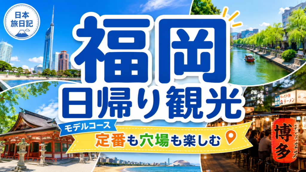 福岡観光を日帰りで楽しむモデルコースを紹介する旅行ガイド風アイキャッチ画像