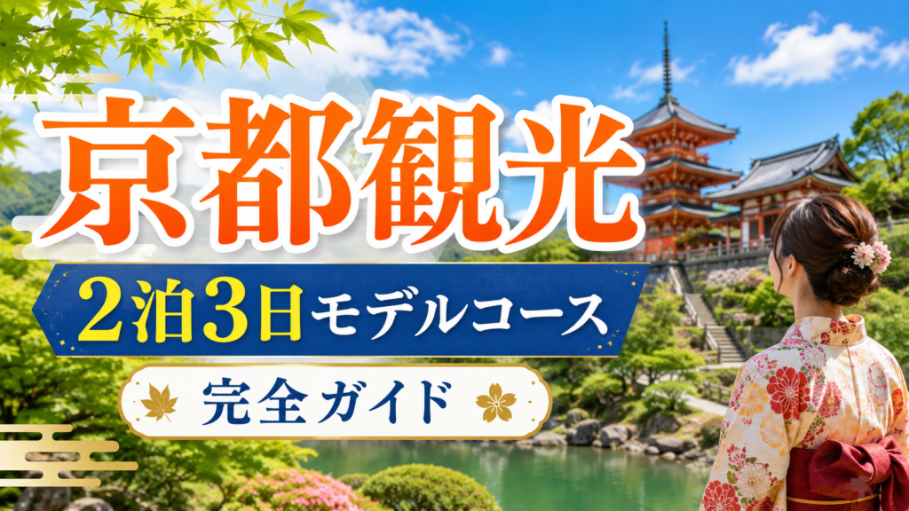京都観光を2泊3日でじっくり巡るモデルコースの旅行ガイド風アイキャッチ画像