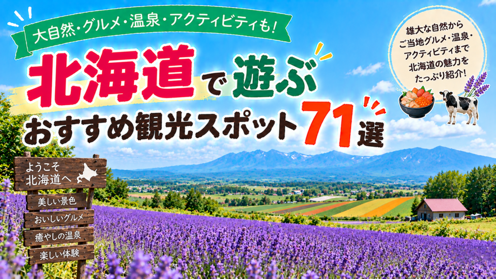 北海道で大自然やグルメ、温泉、アクティビティを楽しめるおすすめ観光スポット71選を紹介する旅行イメージ
