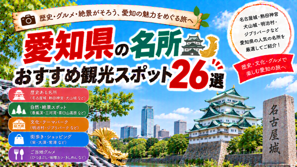 愛知県の名古屋城や熱田神宮、犬山城など人気の名所を楽しめるおすすめ観光スポット26選を紹介する旅行イメージ