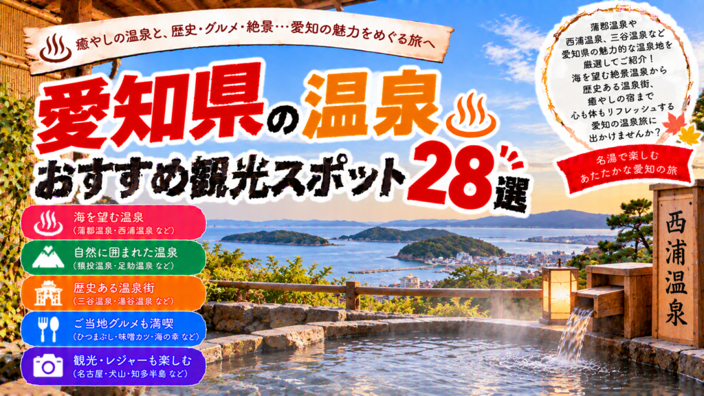 愛知県の蒲郡温泉や西浦温泉、湯谷温泉などを楽しめるおすすめ観光スポット28選を紹介する旅行イメージ