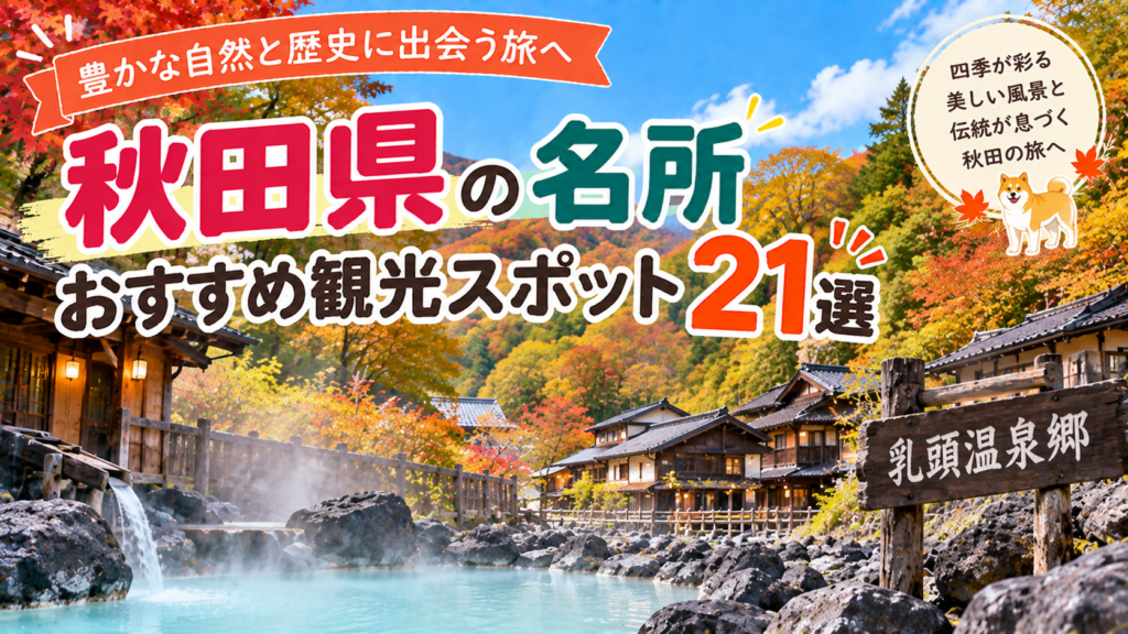 秋田県の自然や歴史ある名所を巡るおすすめ観光スポット21選を紹介する旅行イメージ