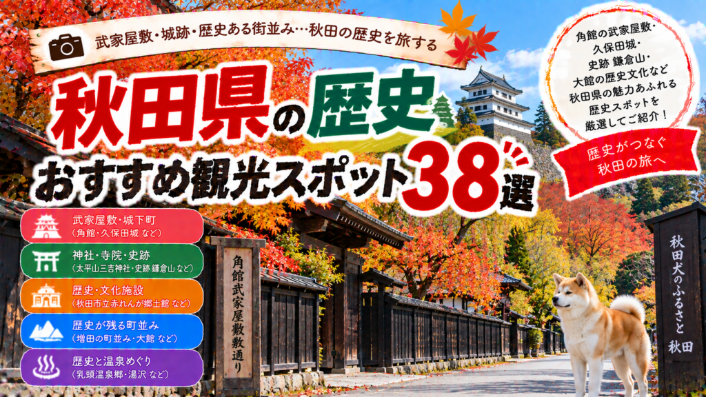 秋田県の角館武家屋敷や久保田城跡、歴史ある寺社などを巡るおすすめ観光スポット38選を紹介する旅行イメージ