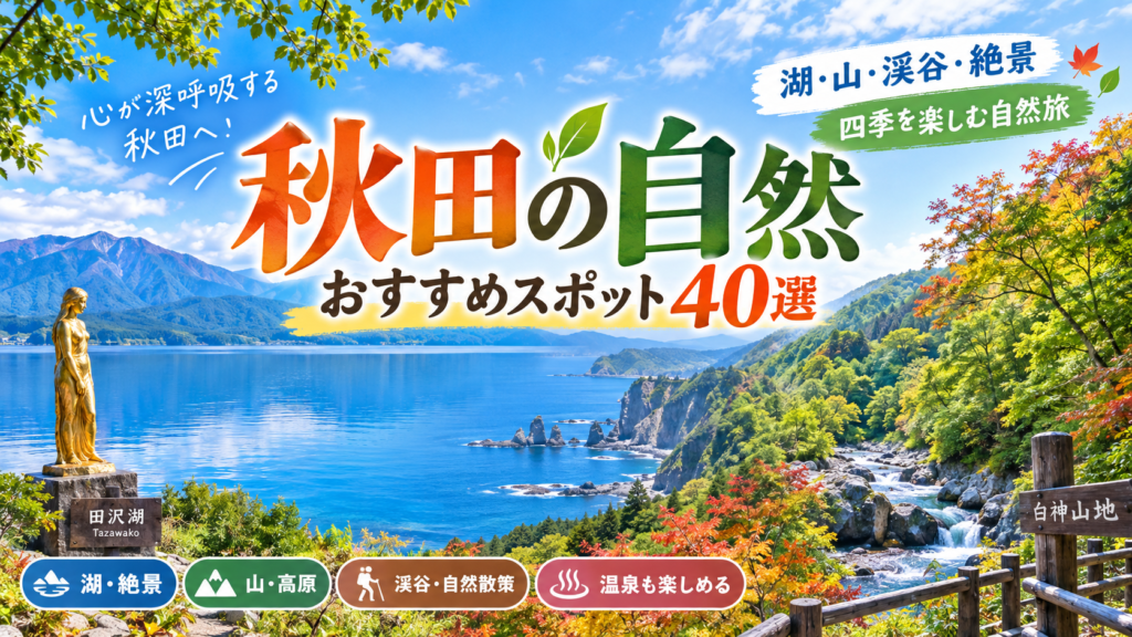 秋田県の田沢湖や白神山地、渓谷など豊かな自然を楽しめるおすすめ観光スポット40選を紹介する旅行イメージ