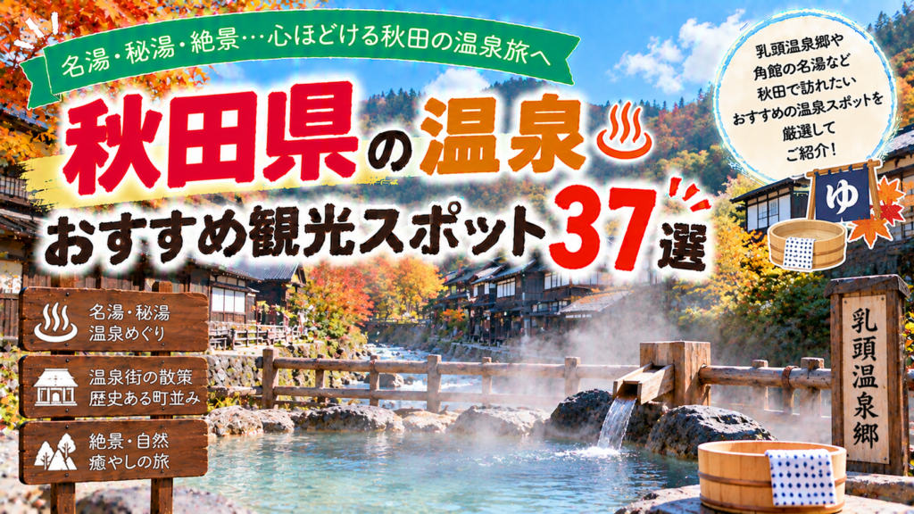 秋田県の名湯や秘湯、自然に囲まれた温泉を楽しめるおすすめ観光スポット37選を紹介する旅行イメージ