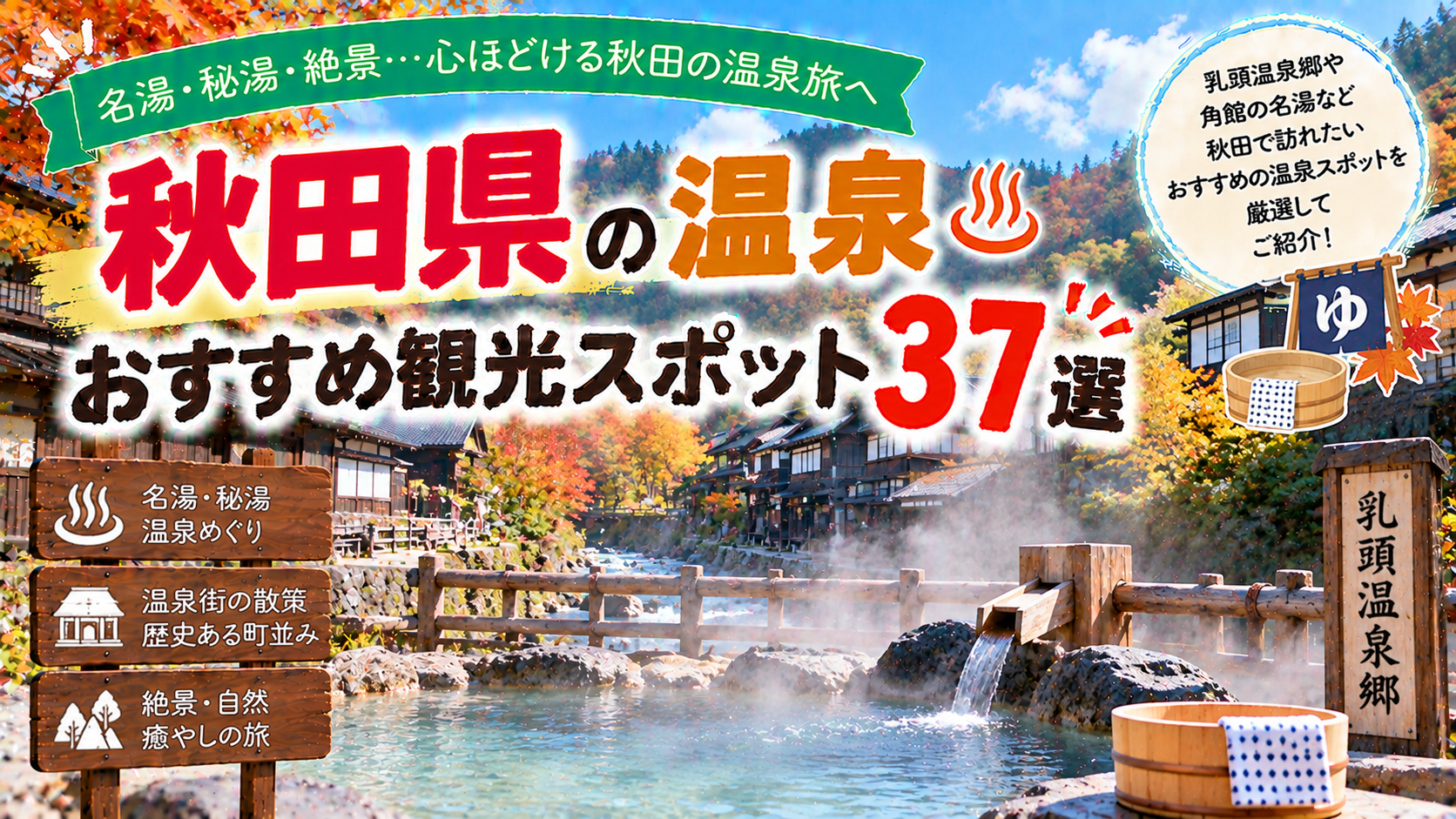 秋田県の名湯や秘湯、自然に囲まれた温泉を楽しめるおすすめ観光スポット37選を紹介する旅行イメージ