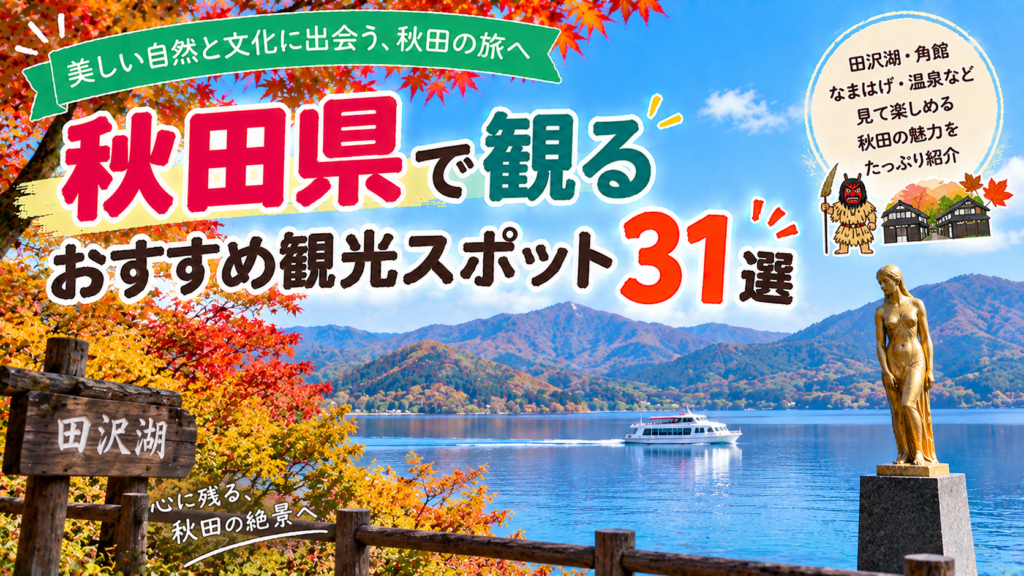 秋田県の美しい自然や文化、観光名所を楽しめるおすすめ観光スポット31選を紹介する旅行イメージ