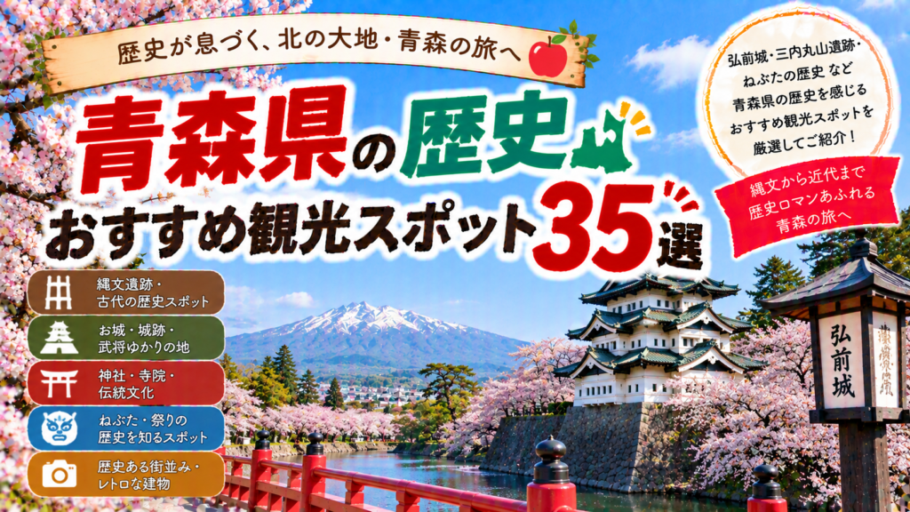 青森県の弘前城や三内丸山遺跡、歴史ある寺社などを巡るおすすめ観光スポット35選を紹介する旅行イメージ