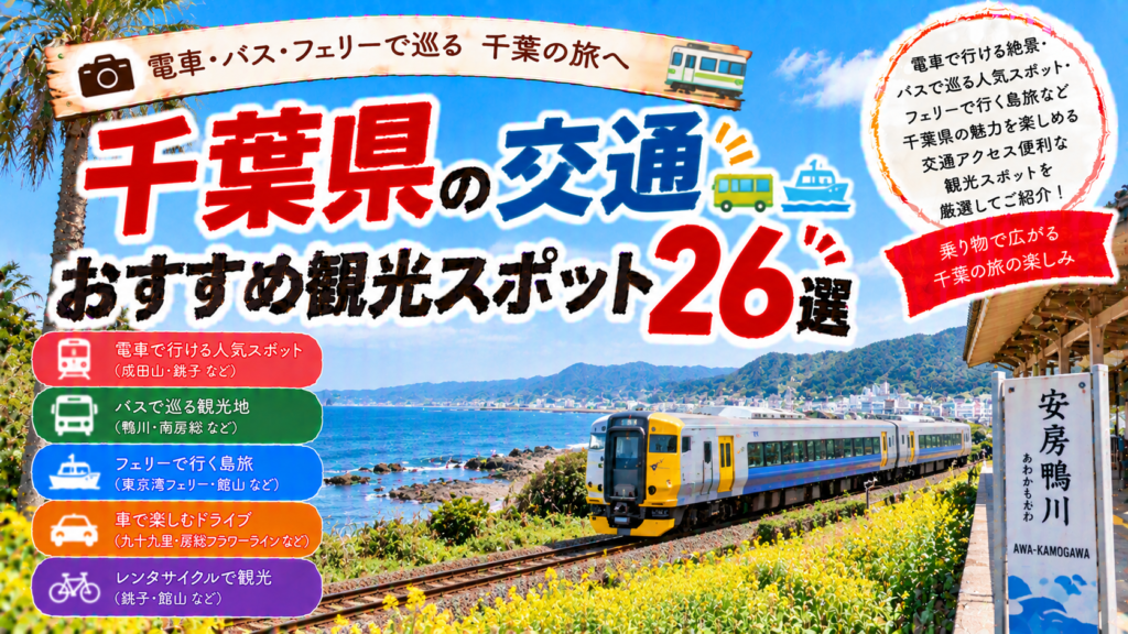 千葉県を電車やバス、フェリーなどで巡るおすすめ観光スポット26選を紹介する旅行イメージ