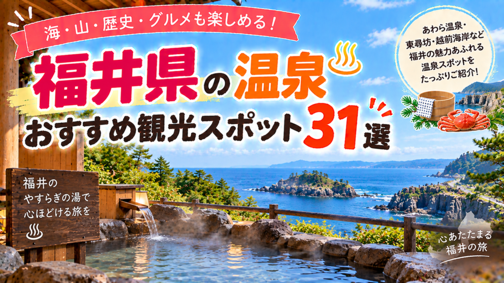 福井県の海や山の景色とともに温泉を楽しめるおすすめ観光スポット31選を紹介する旅行イメージ