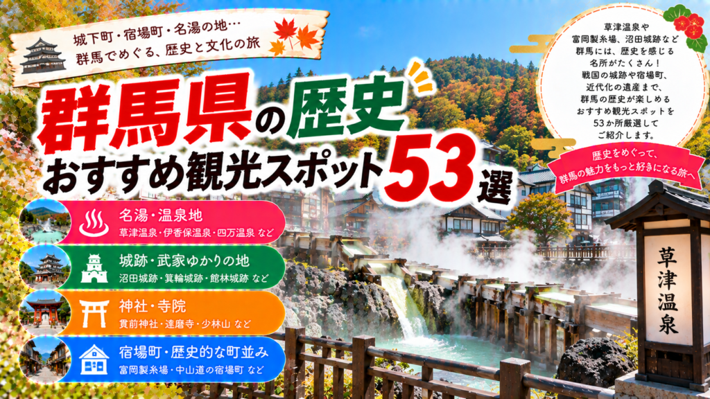 群馬県の富岡製糸場や沼田城跡、歴史ある宿場町や寺社を巡るおすすめ観光スポット53選を紹介する旅行イメージ
