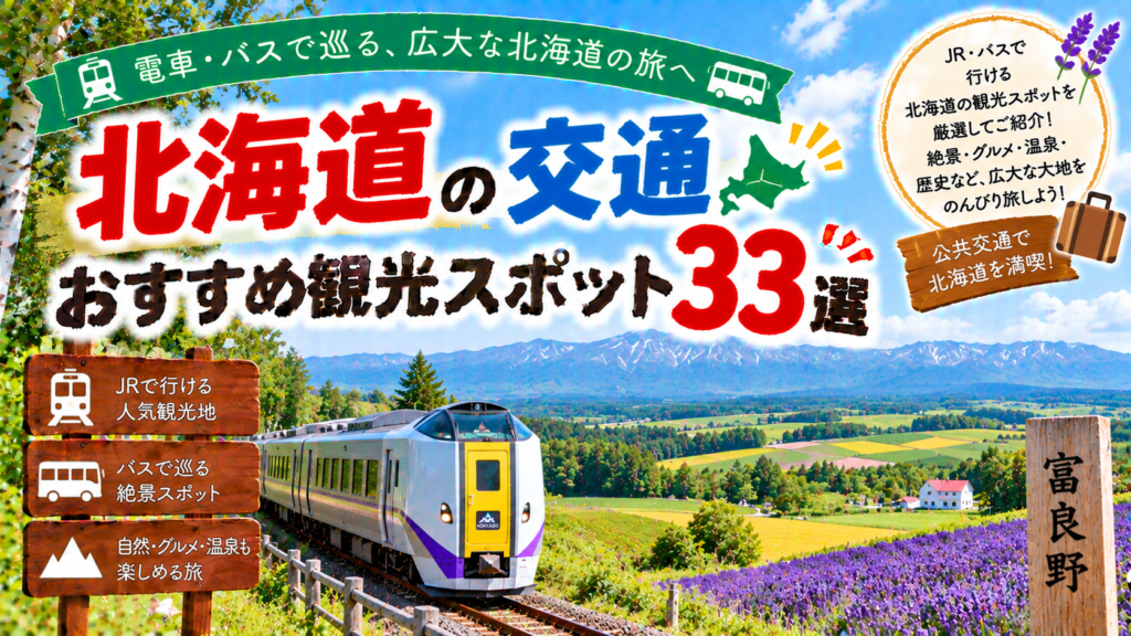 北海道を電車やバスなどの公共交通で巡るおすすめ観光スポット33選を紹介する旅行イメージ
