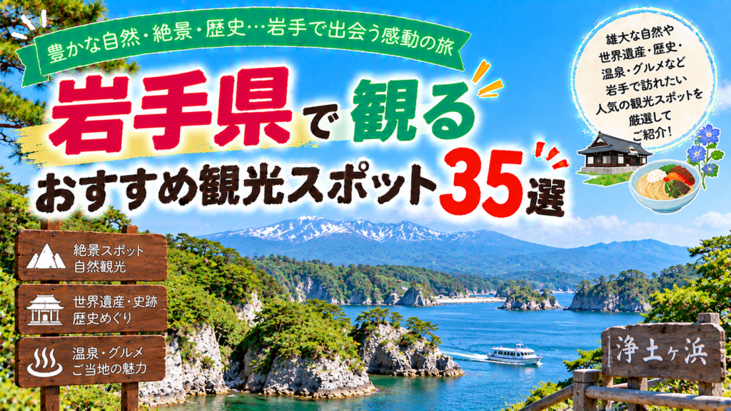 岩手県の自然や絶景、歴史ある名所を楽しめるおすすめ観光スポット35選を紹介する旅行イメージ