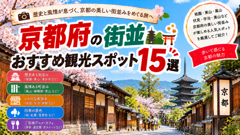 京都府の祇園や東山、嵐山など歴史と風情を感じる街並みを楽しめるおすすめ観光スポット15選を紹介する旅行イメージ