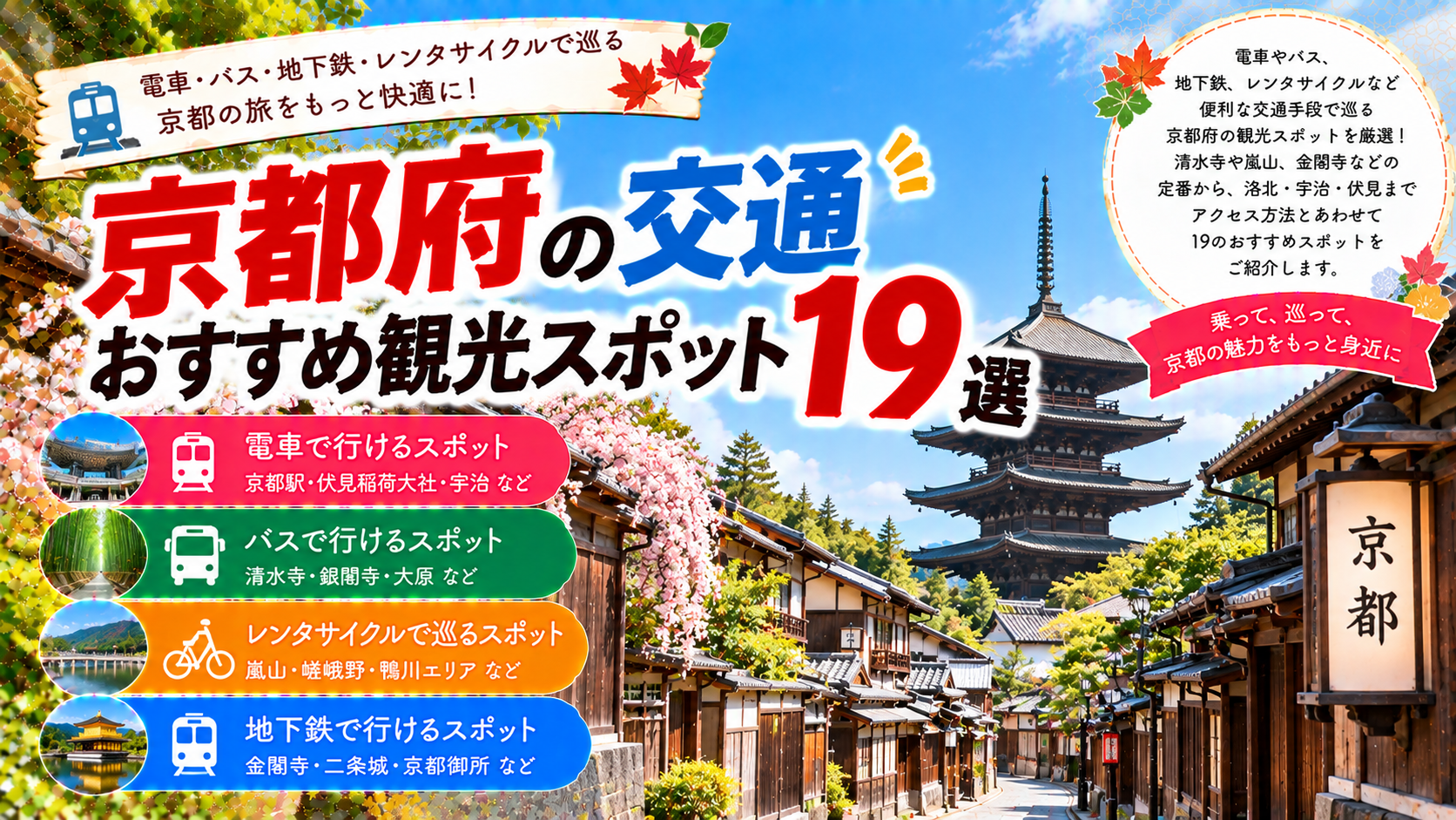 京都府を電車やバス、地下鉄、レンタサイクルで巡るおすすめ観光スポット19選を紹介する旅行イメージ