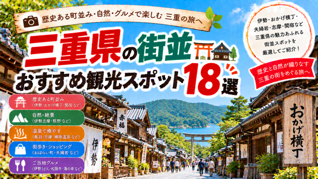 三重県の伊勢やおかげ横丁、関宿など歴史と風情を感じる街並みを楽しめるおすすめ観光スポット18選を紹介する旅行イメージ