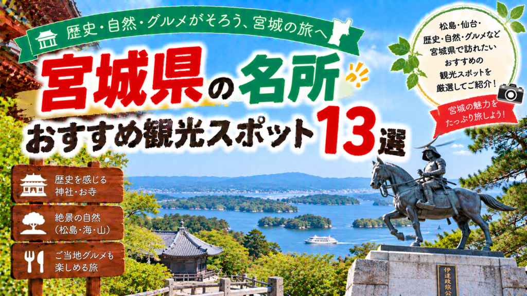 宮城県の松島や歴史ある寺社など名所を巡るおすすめ観光スポット13選を紹介する旅行イメージ
