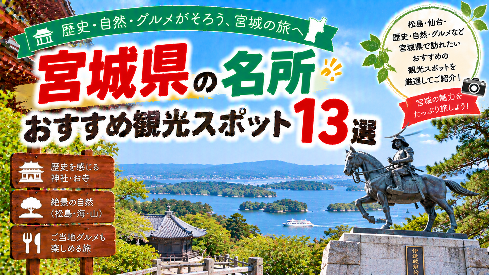 宮城県の松島や歴史ある寺社など名所を巡るおすすめ観光スポット13選を紹介する旅行イメージ