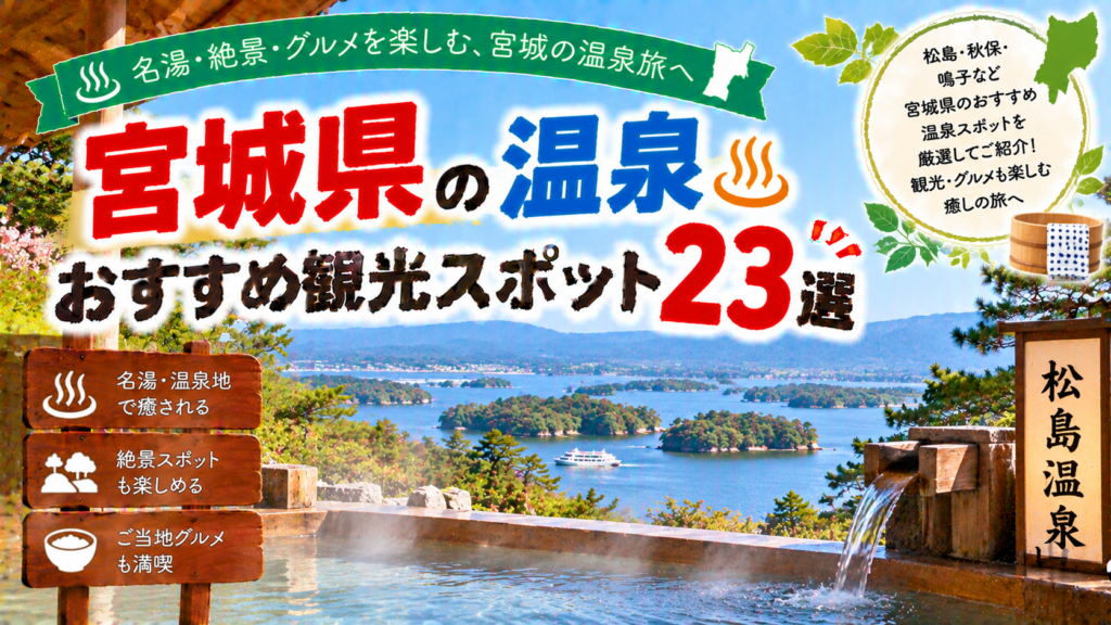 宮城県の松島や秋保、鳴子などで温泉と絶景を楽しめるおすすめ観光スポット23選を紹介する旅行イメージ