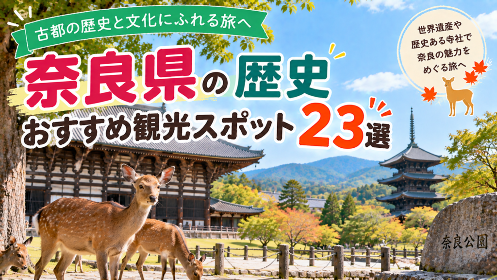 奈良県の歴史ある寺社や世界遺産を巡るおすすめ観光スポット23選を紹介する旅行イメージ