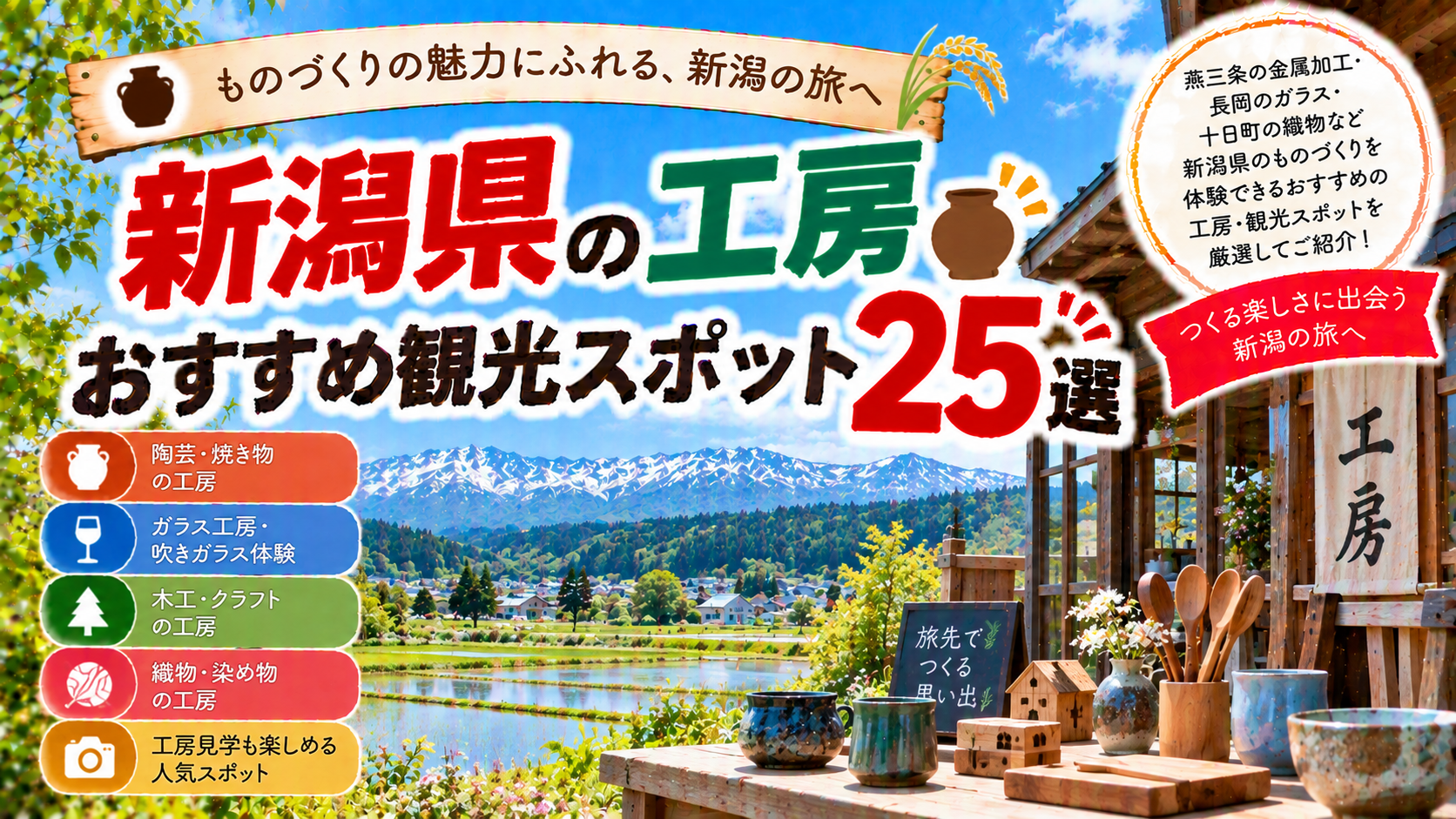 新潟県で陶芸やガラス、木工、織物などのものづくり体験を楽しめるおすすめ工房観光スポット25選を紹介する旅行イメージ