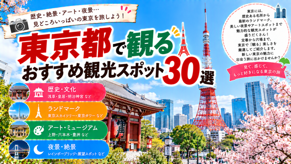 東京都の浅草や東京タワー、東京スカイツリーなど歴史と都市景観を楽しめるおすすめ観光スポット30選を紹介する旅行イメージ