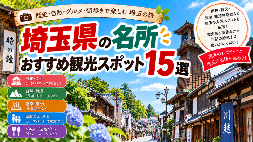 埼玉県の川越や秩父、長瀞など人気の名所を楽しめるおすすめ観光スポット15選を紹介する旅行イメージ