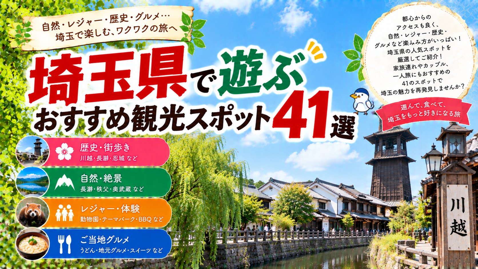 埼玉県の川越や長瀞、秩父などで観光やレジャーを楽しめるおすすめスポット41選を紹介する旅行イメージ